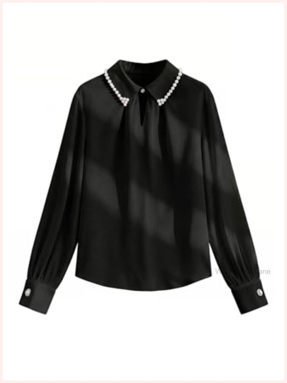 Long Sleeve Pearl Beaded Keyhole Blouse Office Dressy Top